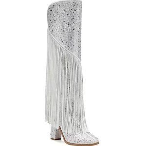 Jessica Simpson Rhinestone Fringe Block Heel Knee High Boots with Square Toe